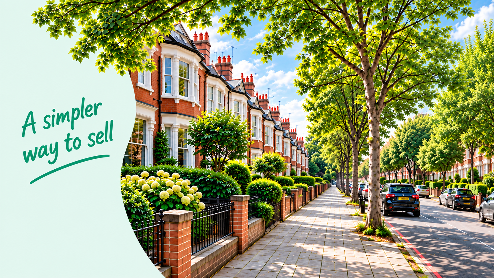 Leafy British residential street lined with Victorian homes
