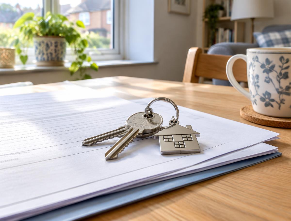 House keys on property paperwork beside a mug on a kitchen table