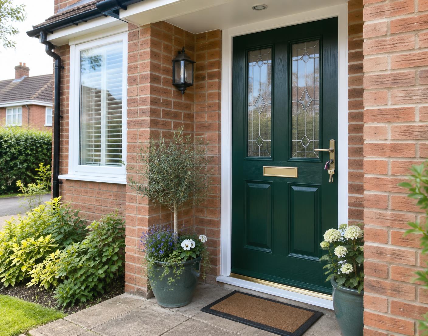 Green painted front door of a British suburban home with keys in the lock