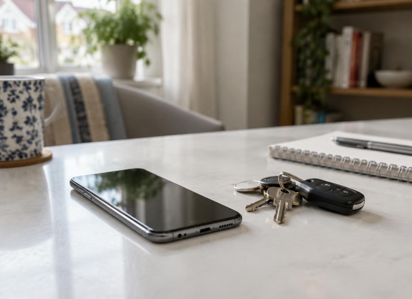 A phone and house keys on a table in a bright British home