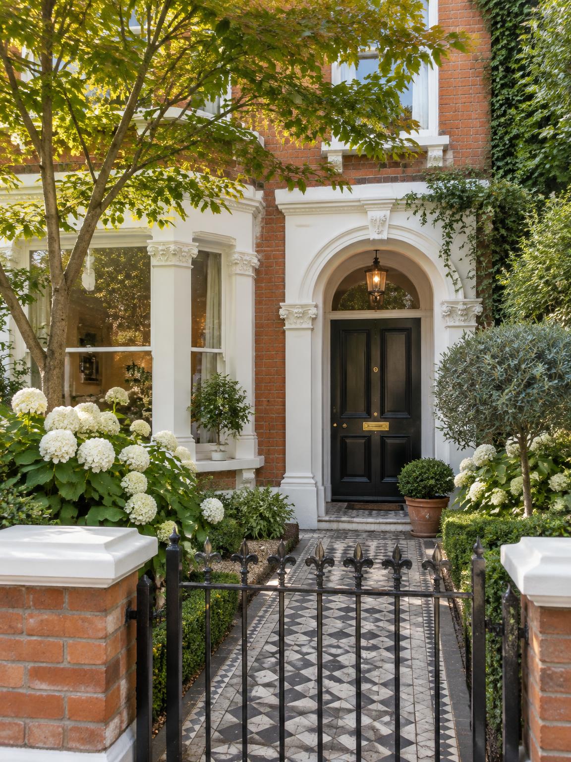 Entrance and leafy front garden of a British period property
