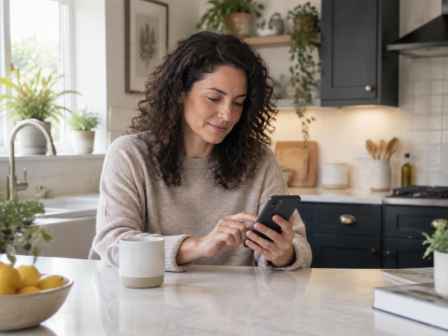 Homeowner completing a property enquiry on her smartphone at a bright kitchen table