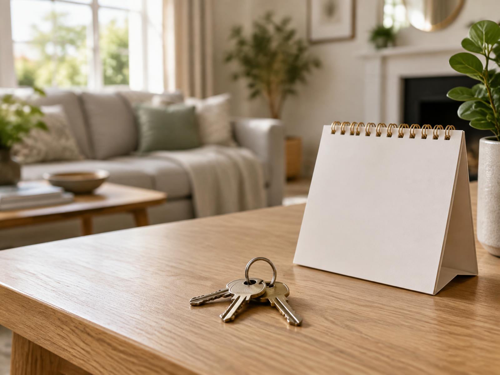 House keys beside a blank desk calendar in a bright British home
