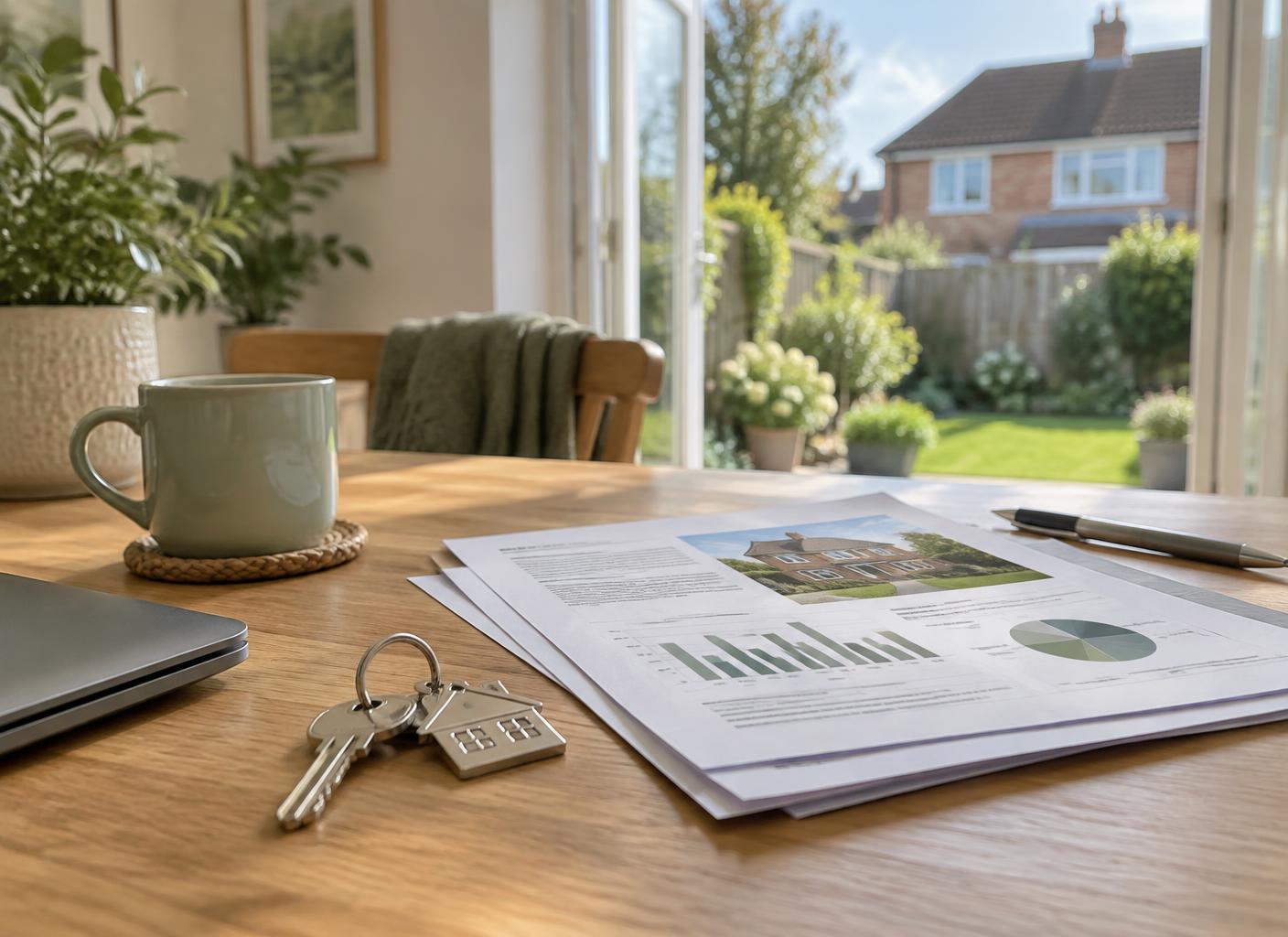 House keys beside property valuation paperwork in a bright British home