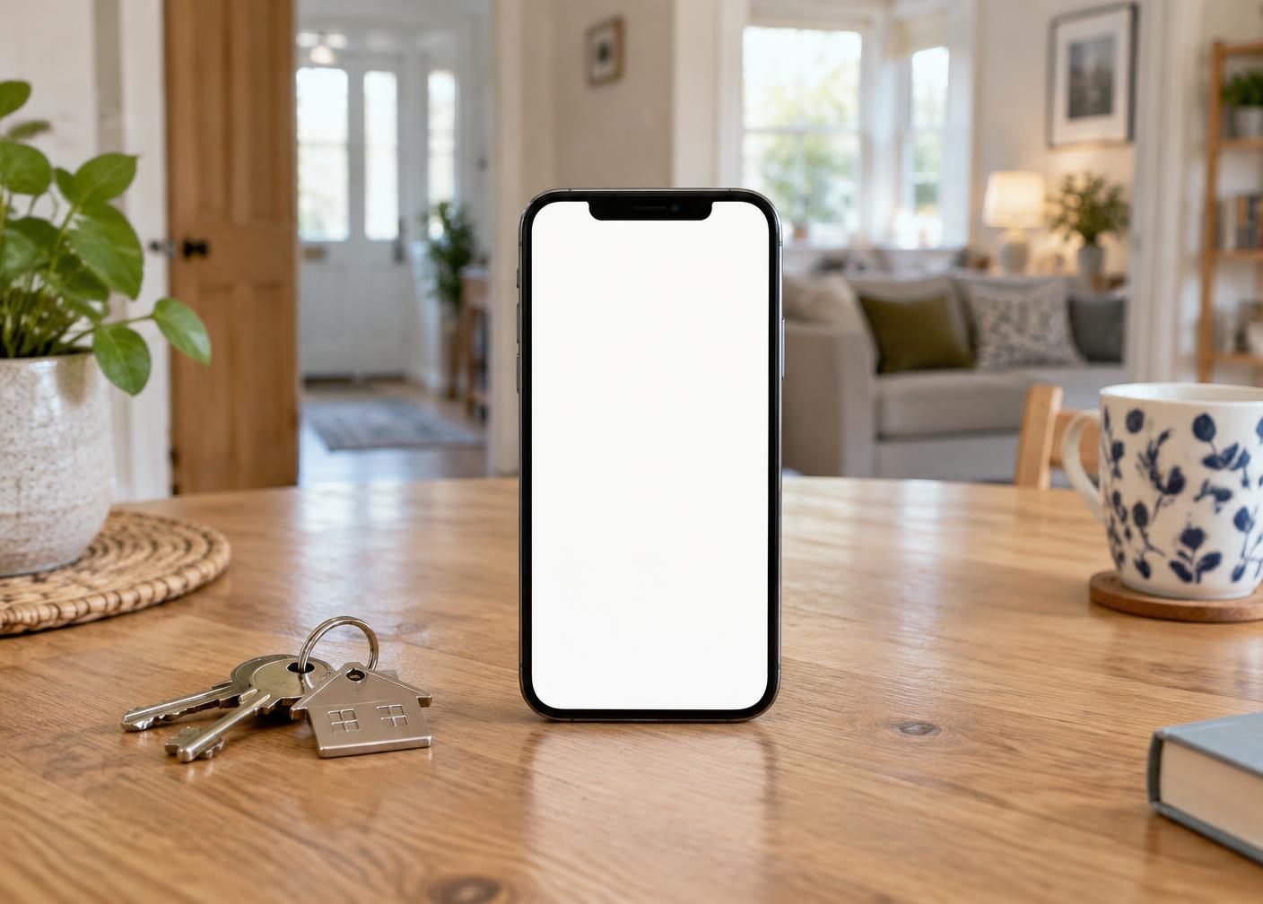 Front-facing phone and house keys in a bright British home