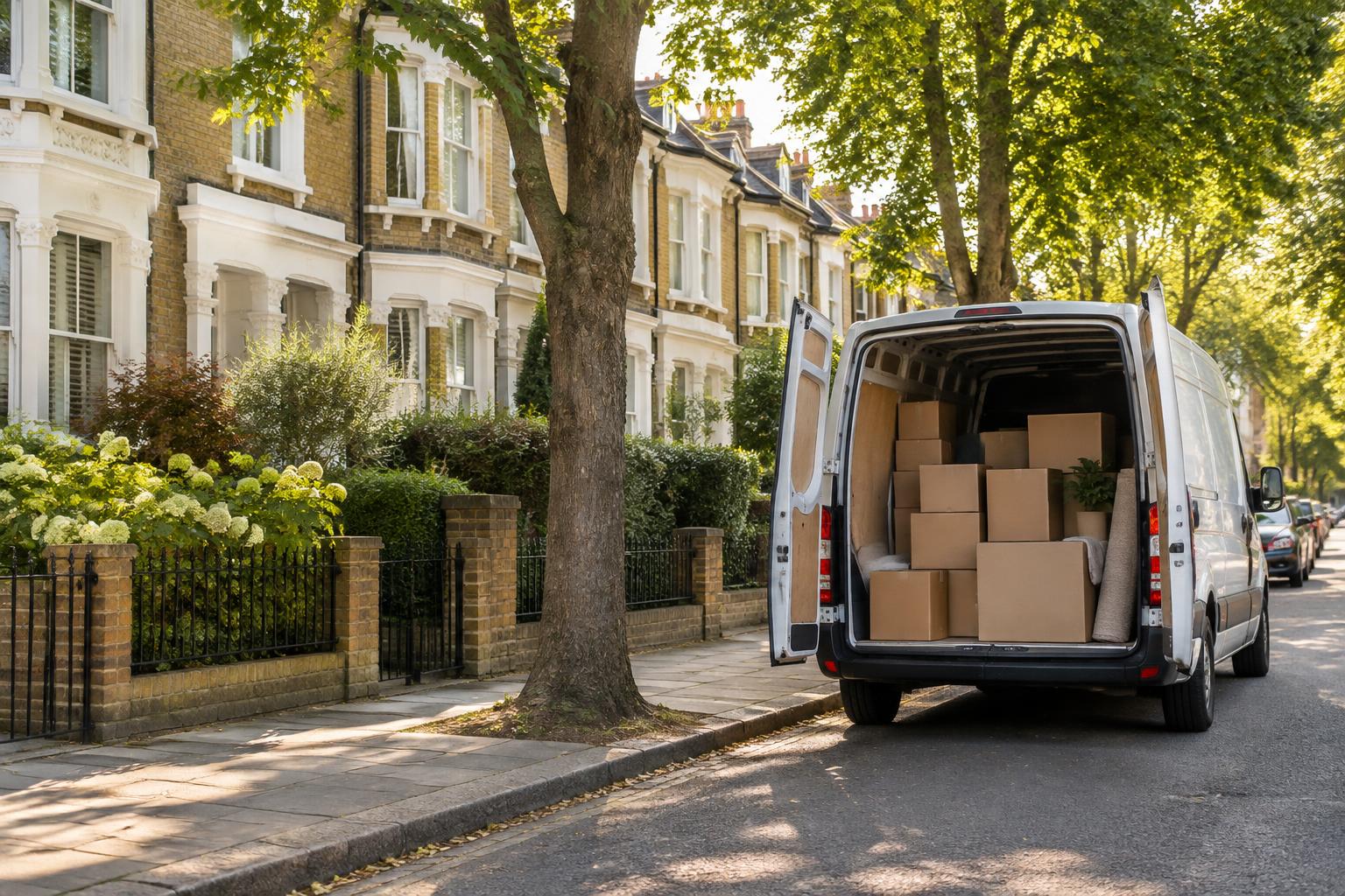 A white removal van loaded with boxes on a leafy British residential street